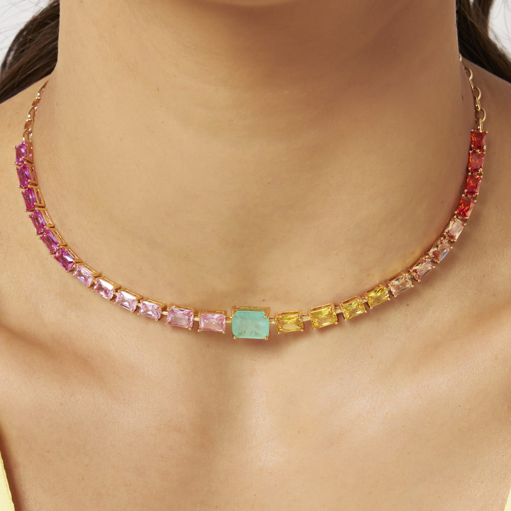 Choker com Cristais Retangulares Coloridos Banho ouro - Pétala Jóias