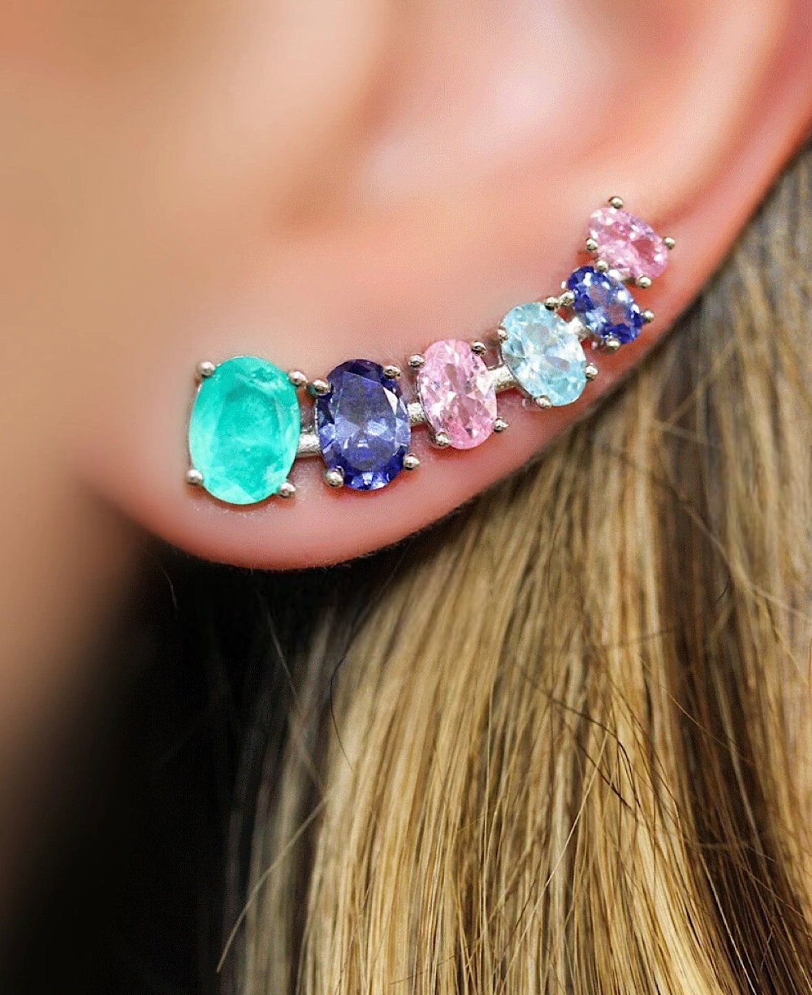 ear cuff prata cristais coloridos - Pétala Jóias
