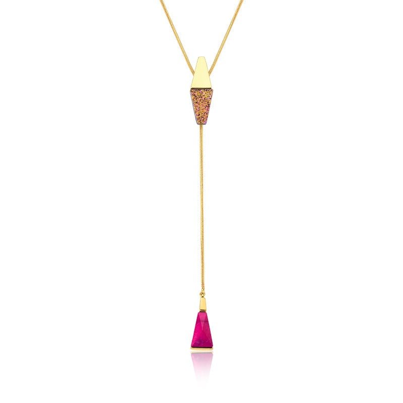 colar tipo gravatinha longo pedra natural drusa rosa pink - Pétala Jóias