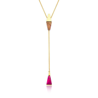 colar tipo gravatinha longo pedra natural drusa rosa pink - Pétala Jóias