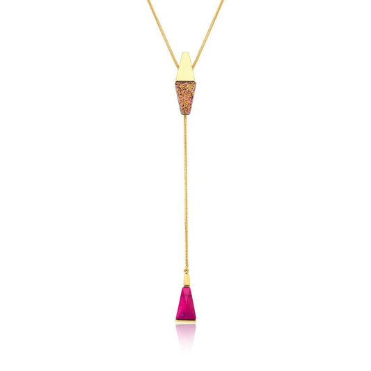 colar tipo gravatinha longo pedra natural drusa rosa pink - Pétala Jóias