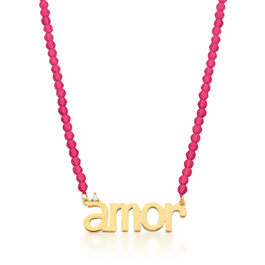 Corrente com Escrita "Amor" e Cristais Búlgaros rosa - Pétala Jóias