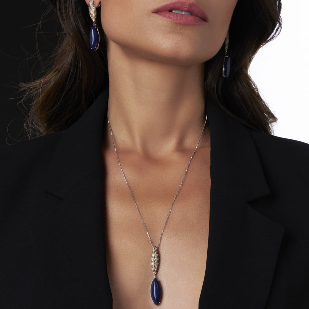 Corrente com Pingente Pêndulo Cabochão Safira - Pétala Jóias